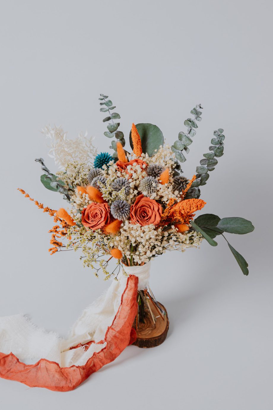 Thristle Dusty blue and Terracotta preserved roses bouquet