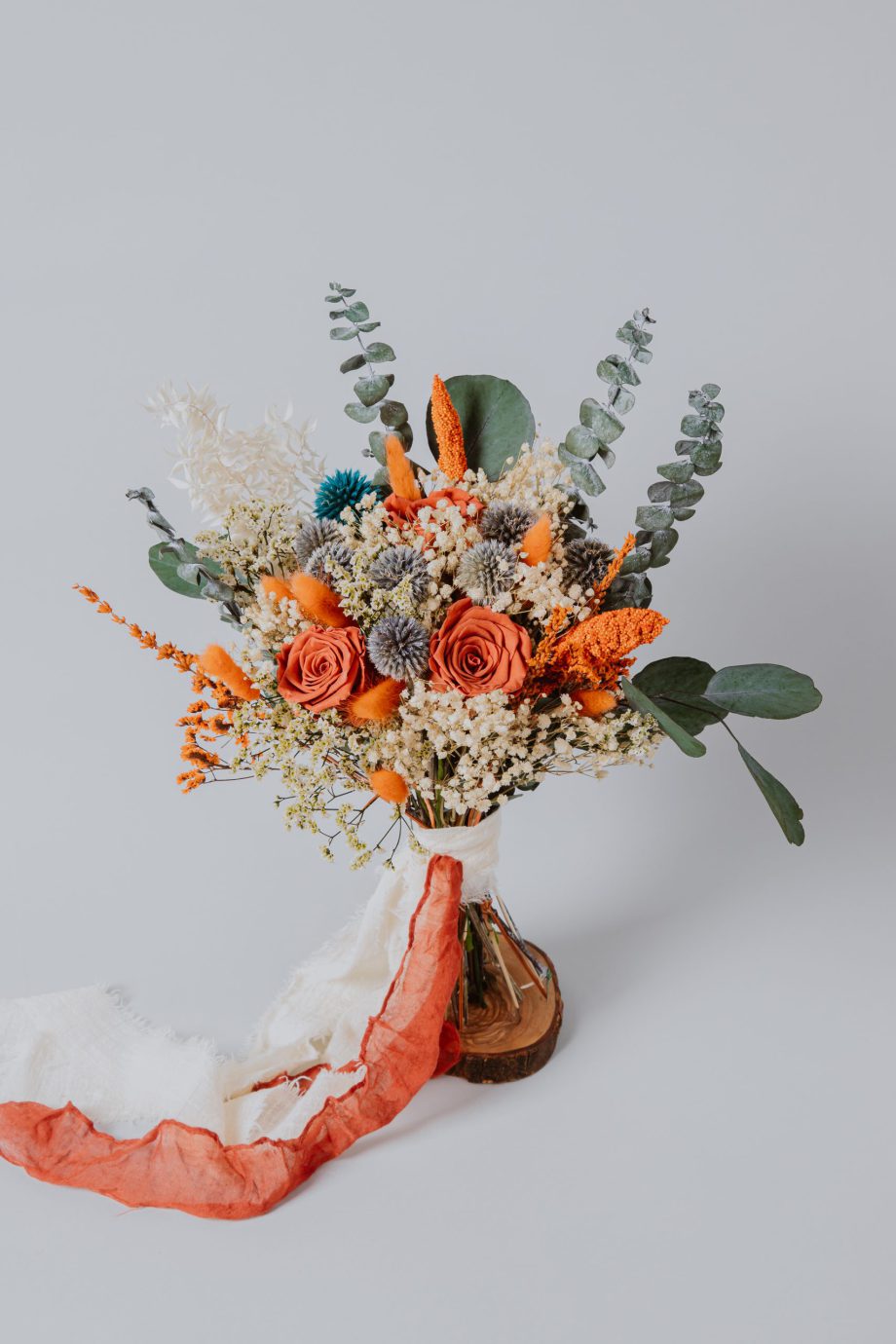 Thristle Dusty blue and Terracotta preserved roses bouquet