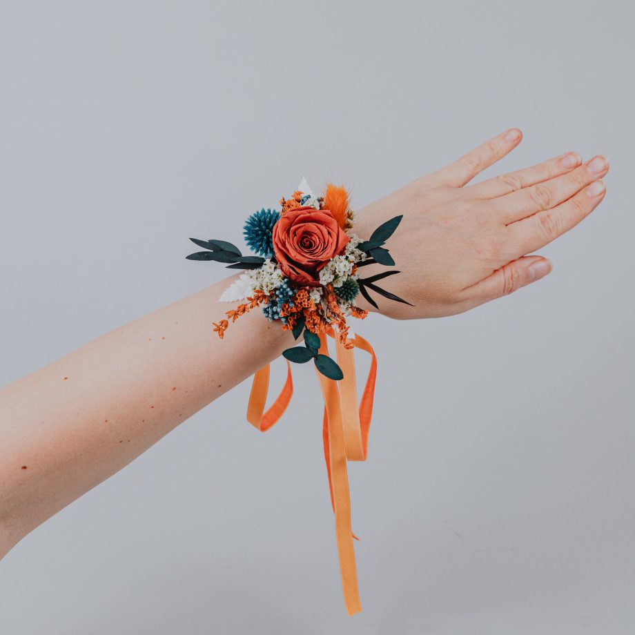 Autumn Harvest Burnt Orange and Teal Thistle Wrist Corsage