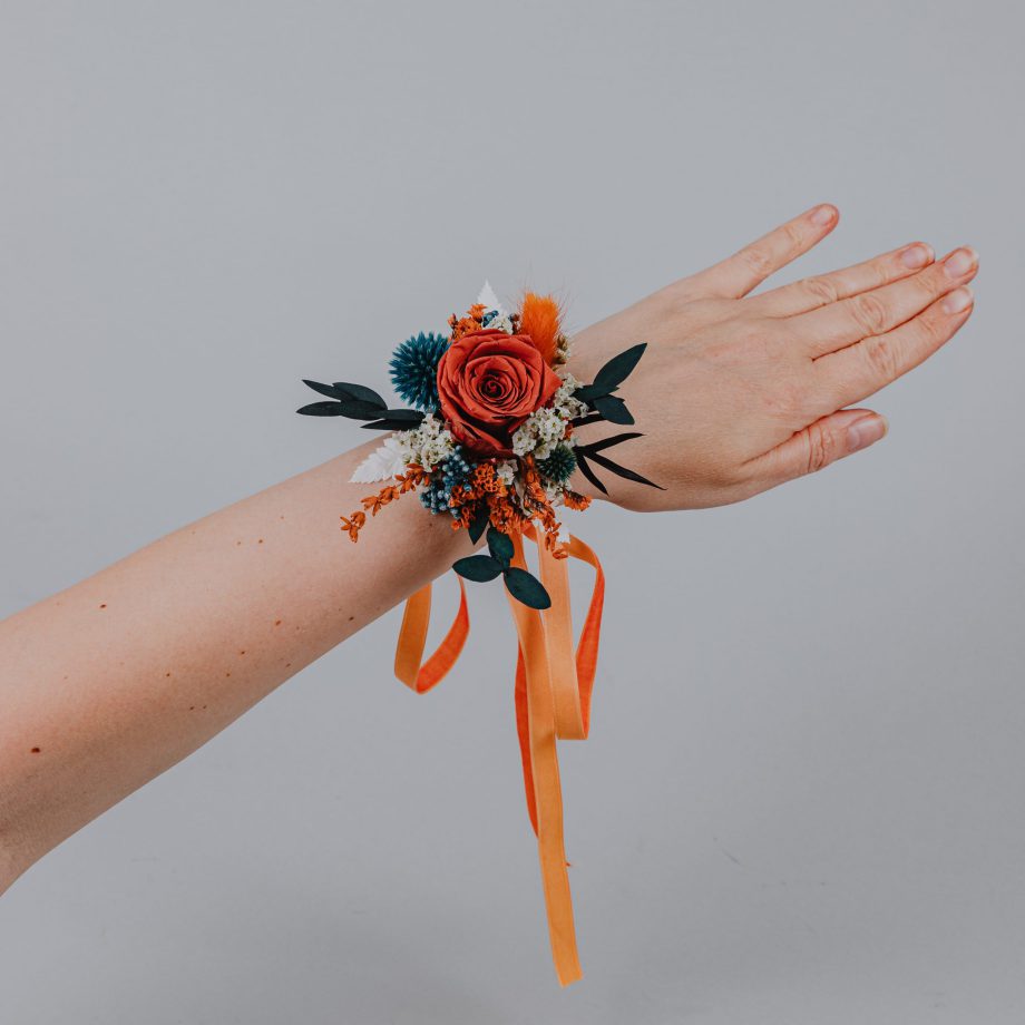 Autumn Harvest Burnt Orange and Teal Thistle Wrist Corsage