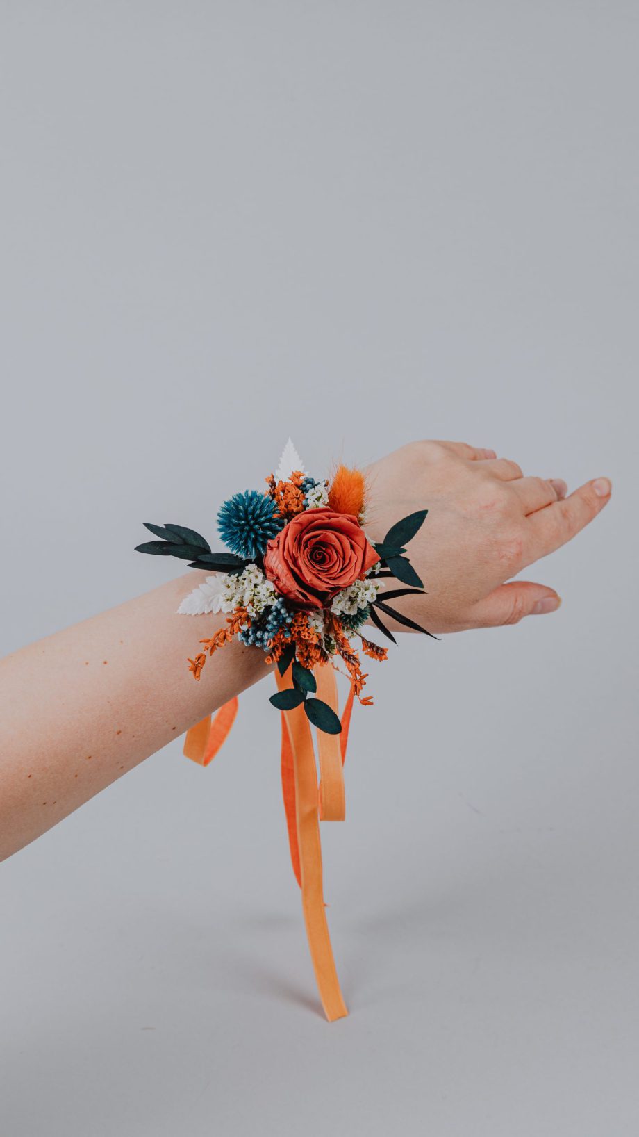 Autumn Harvest Burnt Orange and Teal Thistle Wrist Corsage