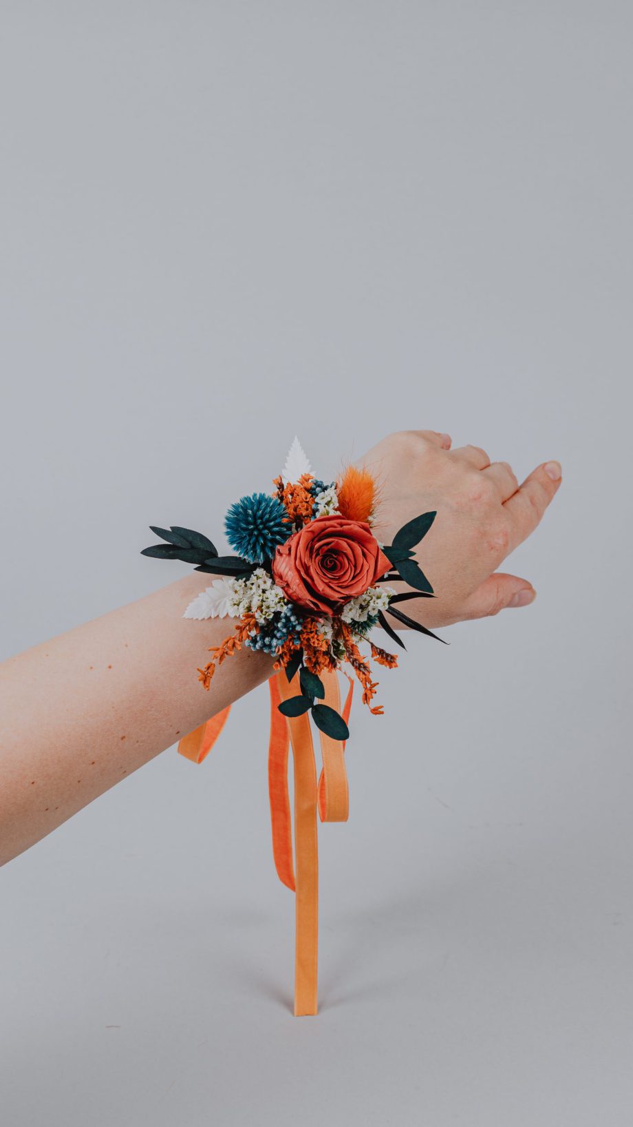 Autumn Harvest Burnt Orange and Teal Thistle Wrist Corsage