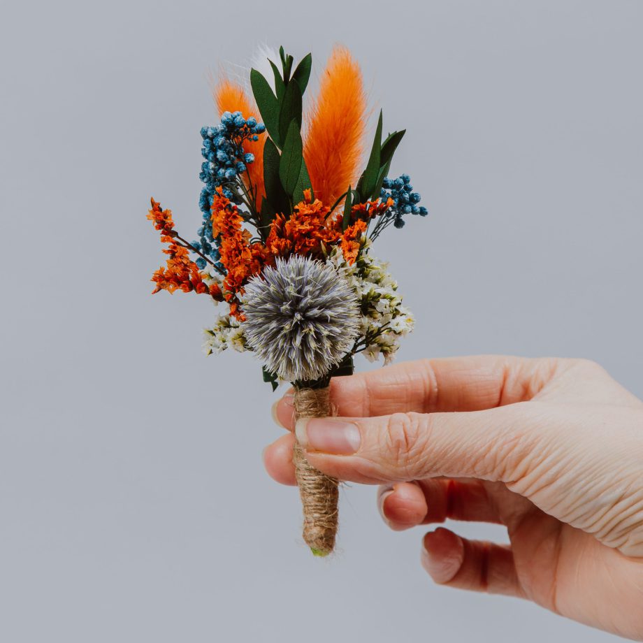 Dusty blue Burnt orange Thistle boutonniere