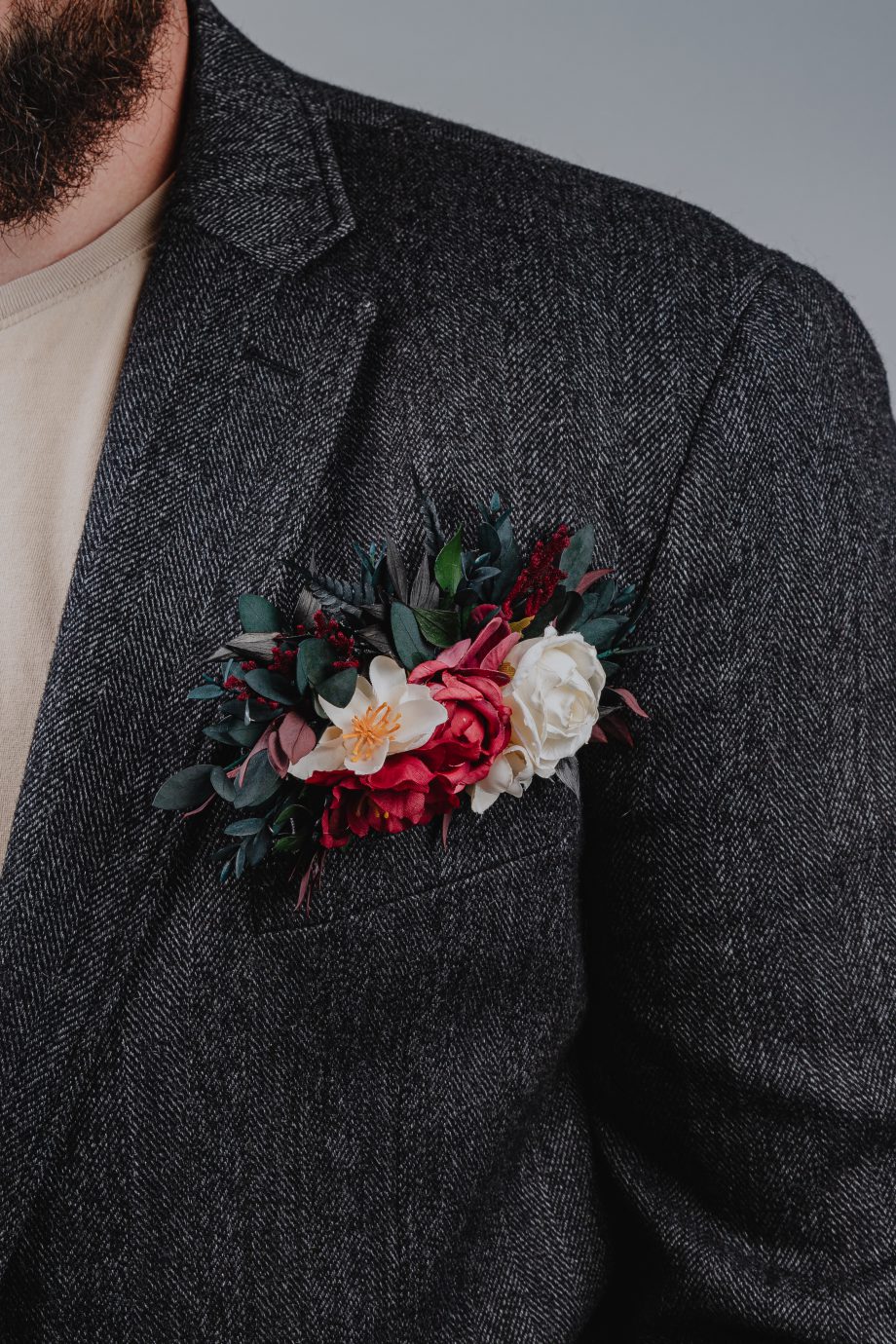 Burgundy Black Cream Ivory Floral Pocket Boutonniere