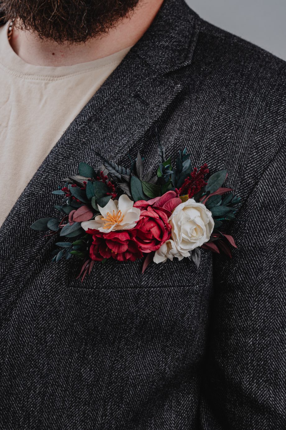 Burgundy Black Cream Ivory Floral Pocket Boutonniere