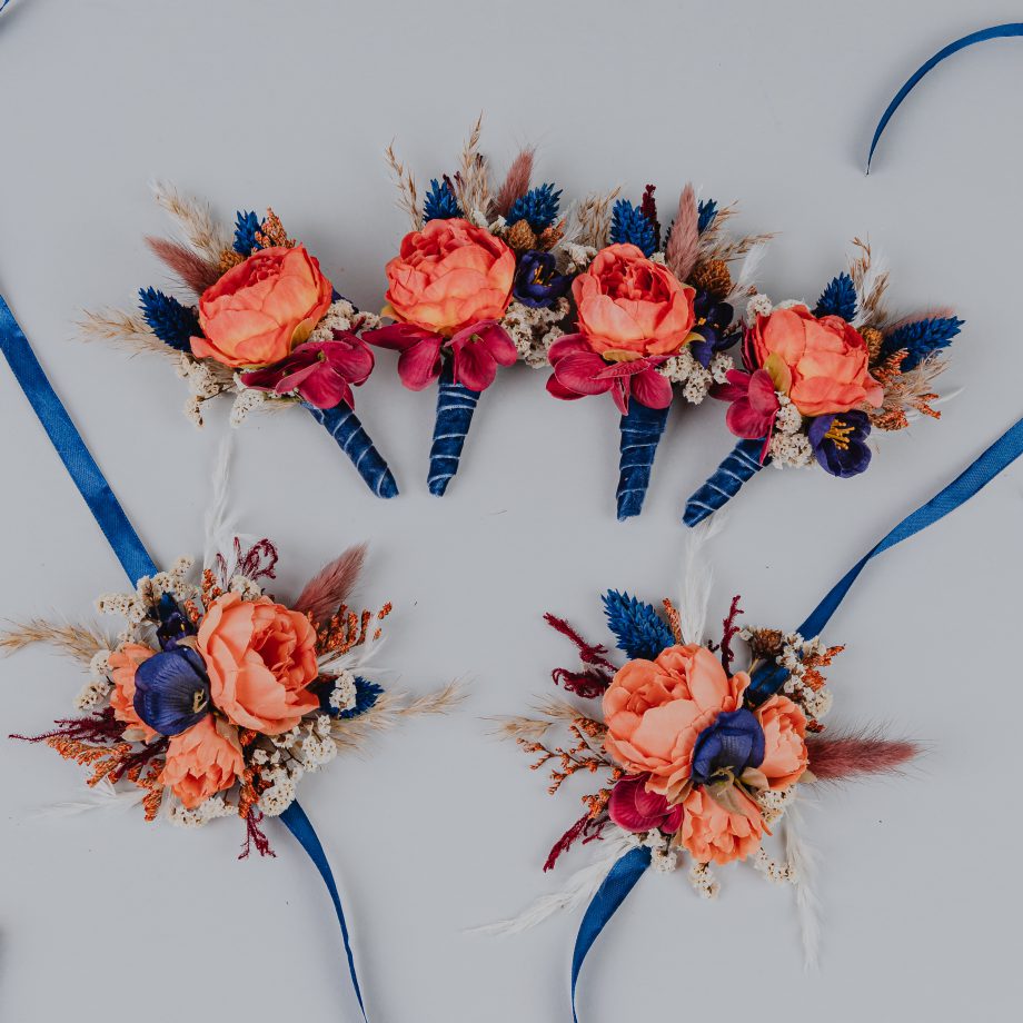 Terracotta and Navy Blue faux flowers mother corsage