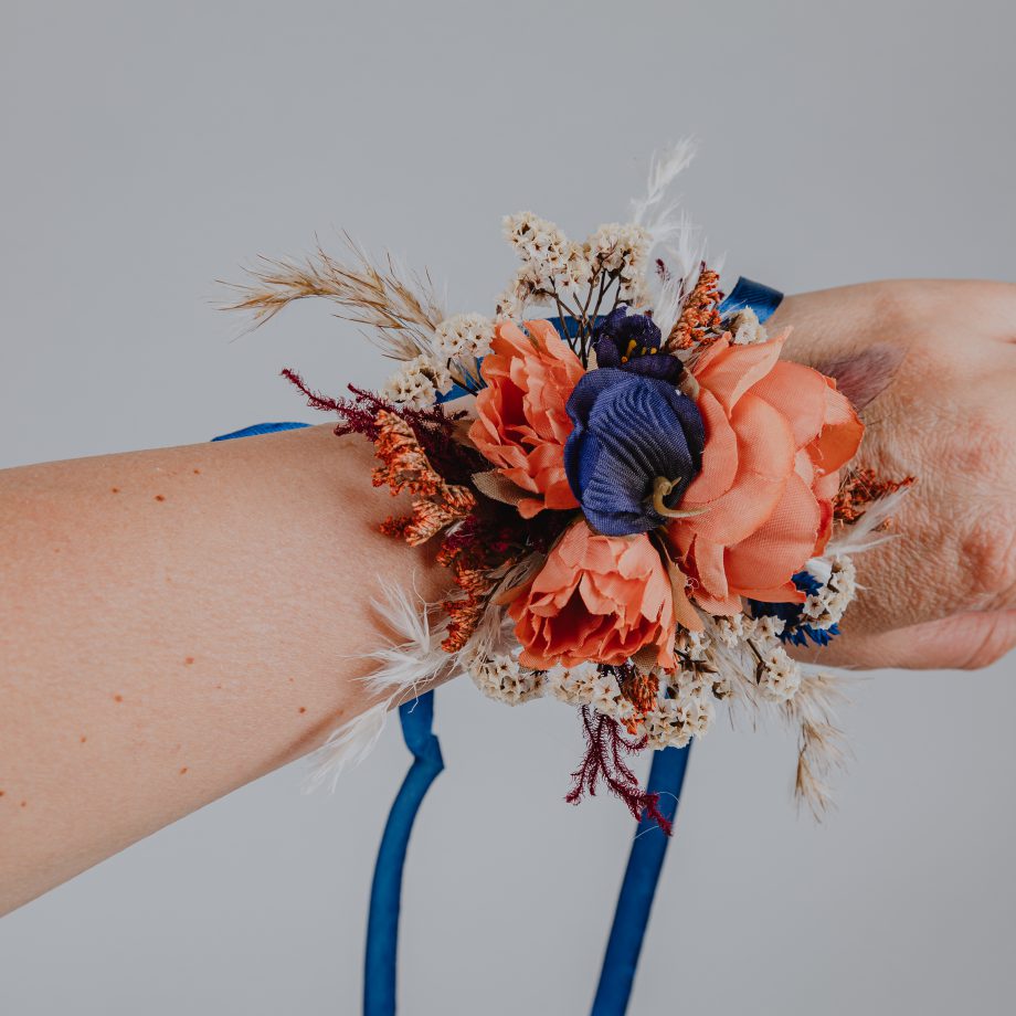 Terracotta and Navy Blue faux flowers mother corsage