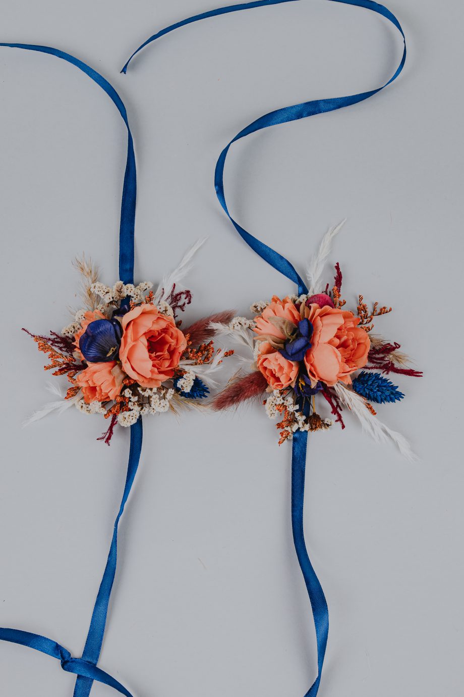 Terracotta and Navy Blue faux flowers mother corsage