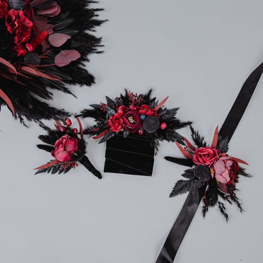 Gothic Wrist Corsage with Black and Burgundy Roses