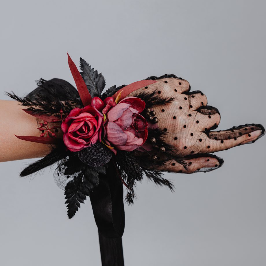 Gothic Wrist Corsage with Black and Burgundy Roses