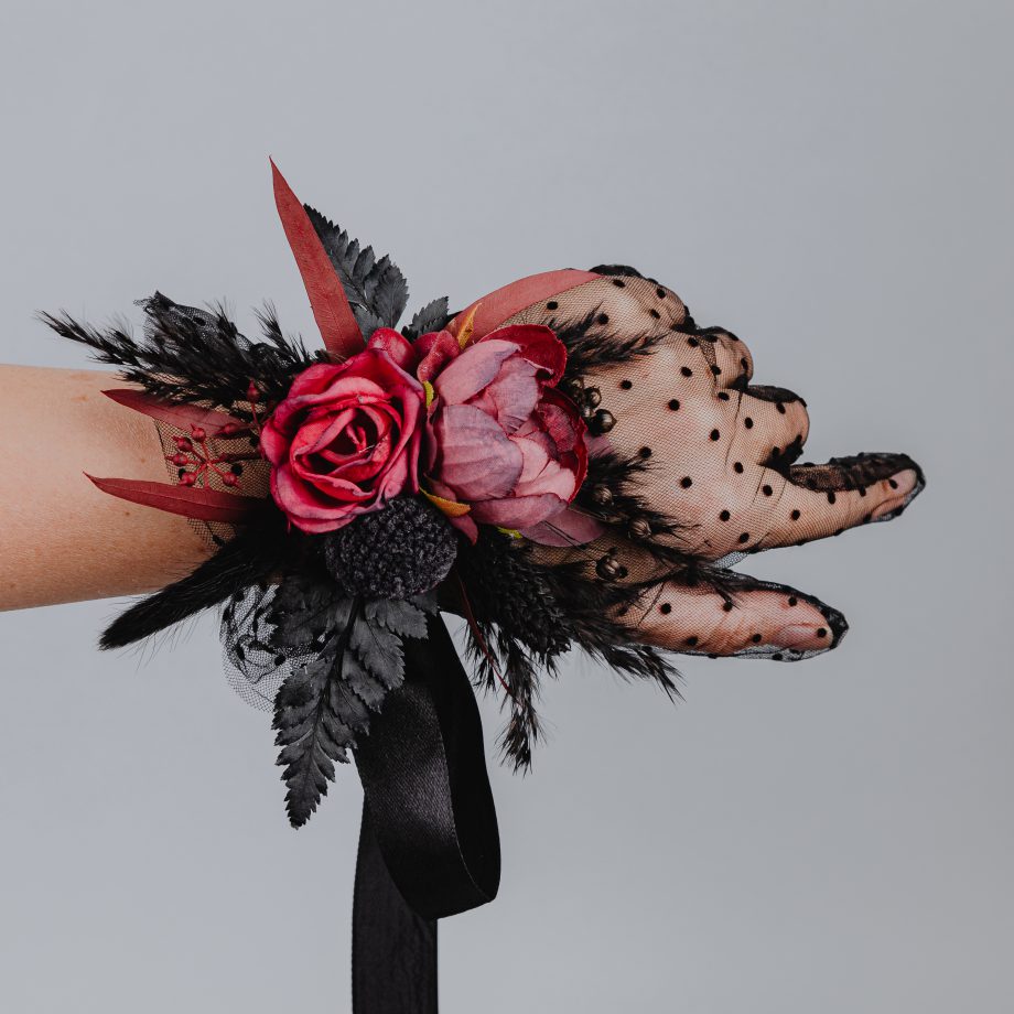 Gothic Wrist Corsage with Black and Burgundy Roses
