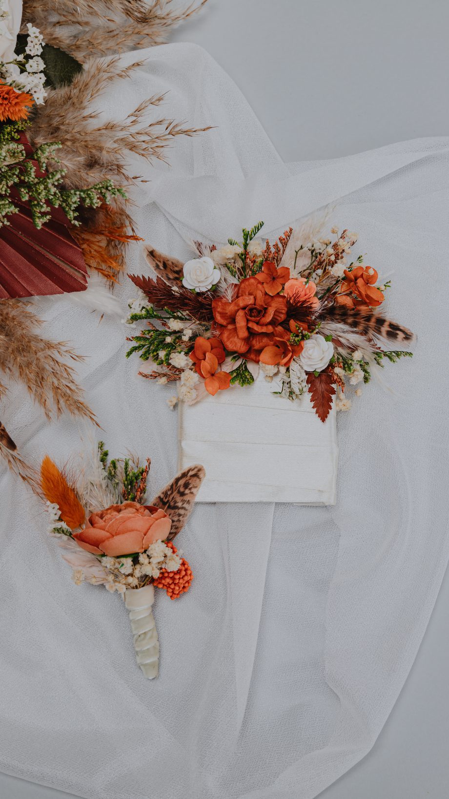 Terracotta Pocket Boutonniere with Feather